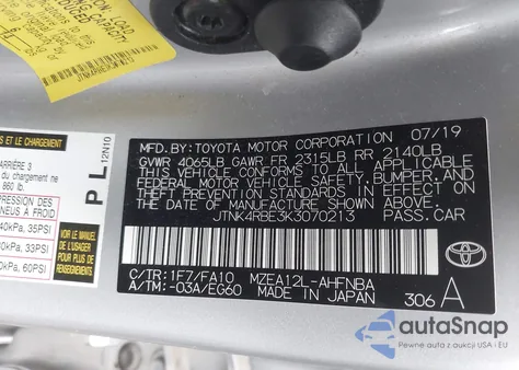 2019 Toyota Corolla Se from USA, damaged, VIN JTNK4RBE3K3070213